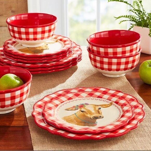 🦋 Host Pick! 🥳 🦋 New Pioneer Woman "Cow" Gingham 12-Piece Ceramic Dinnerware - Picture 3 of 6